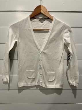 Burberry Kids White V-Neck Cardigan Sweater w/ Check Patches - Size 8
